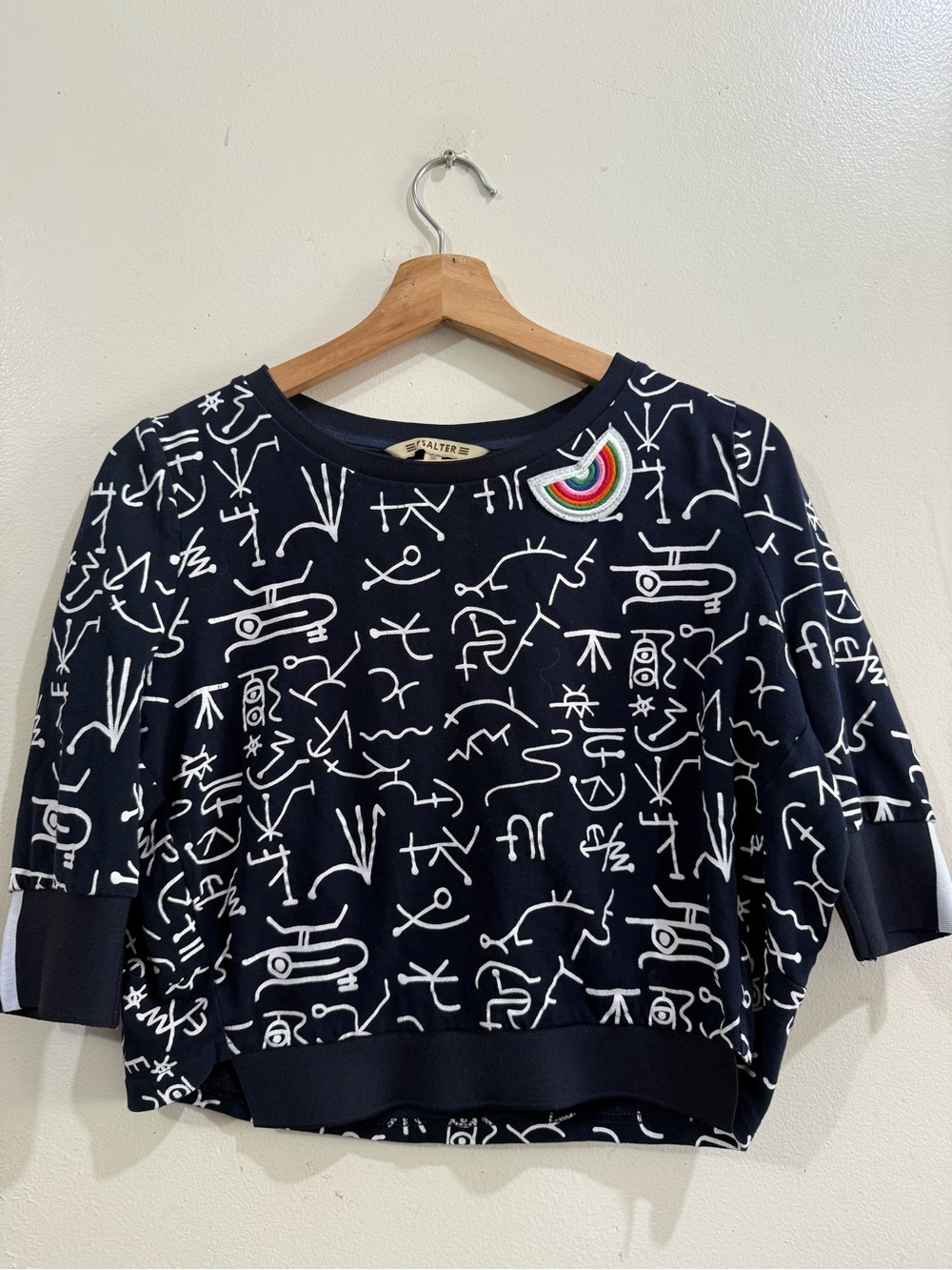 PSALTER Navy Crewneck Sweater with White Symbol Print and Rainbow Patch